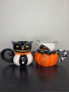 NEW Johanna Parker Halloween Cat & Pumpkin Mummy Cat Mugs Set of 2